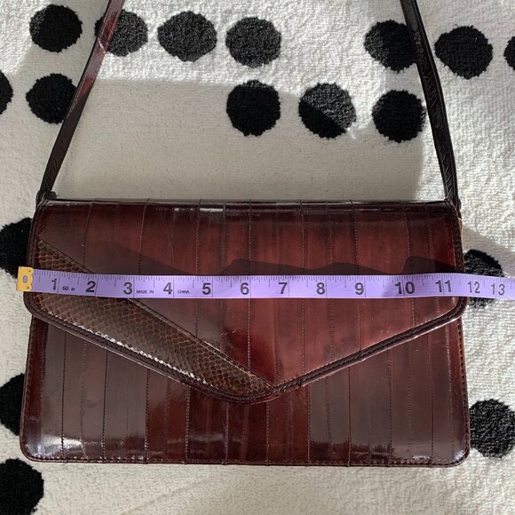Vintage 80s Burgundy Eel Skin Shoulder Bag Crossbody Handbag Clutch Purse - Picture 14 of 16
